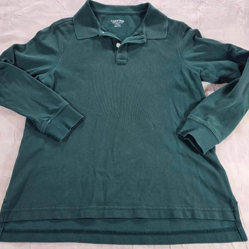 Lands End Boys Green Long Sleeve Polo Shirt Size M 10-12 Classic Academia School